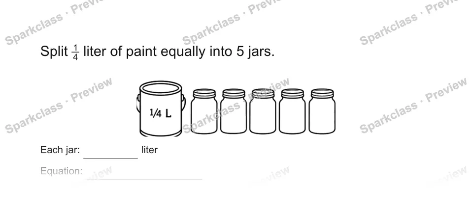 Split 14 liter of paint equally into 5 jars. — Grade 5 problem preview