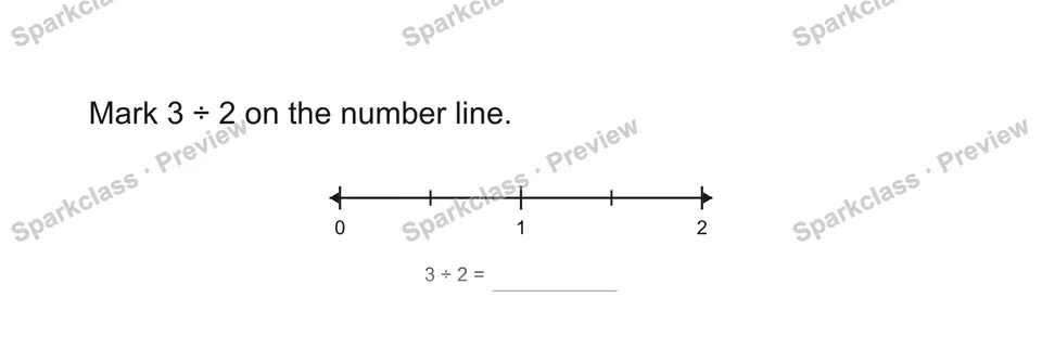 Mark 3 ÷ 2 on the number line. — Grade 5 problem preview