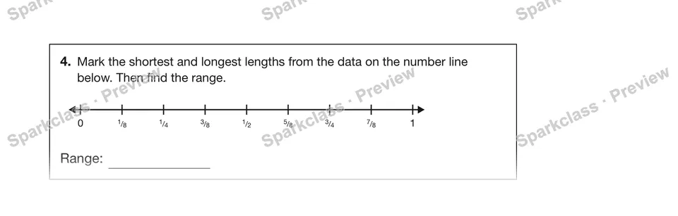 4.Mark the shortest and longest lengths from the data on the number line below. Then find the range. — Grade 5 problem preview