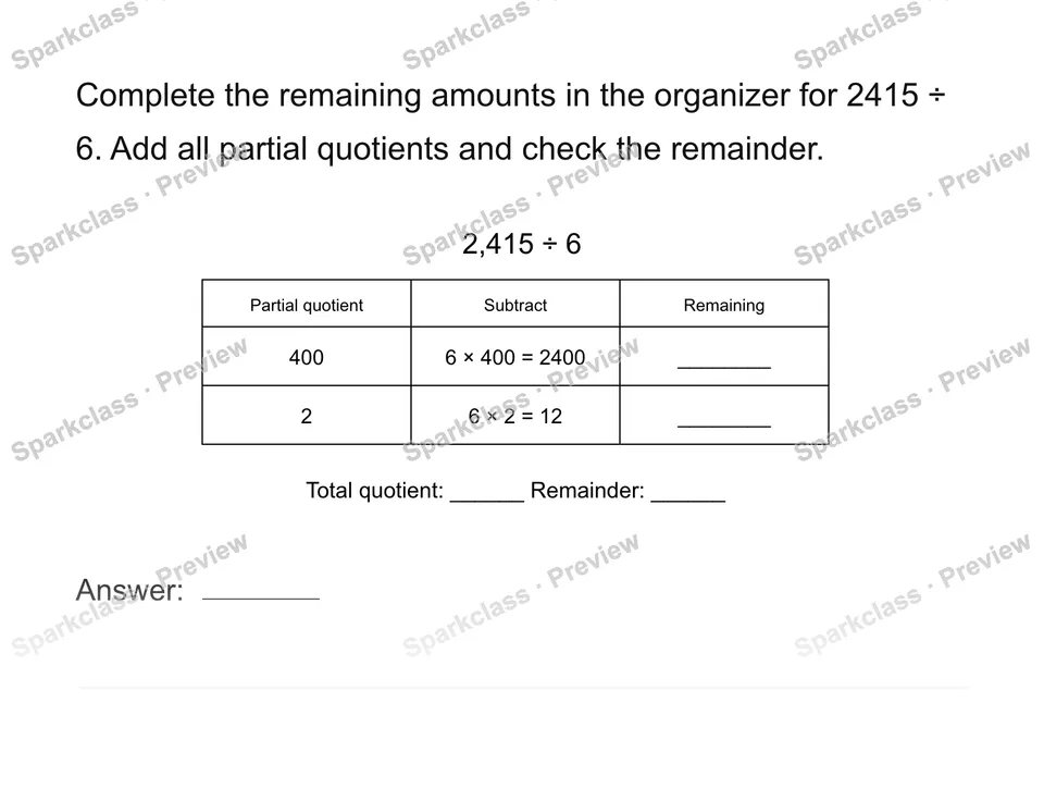 Record each partial quotient — Grade 4 problem preview