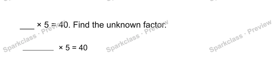 Find an unknown factor — Grade 3 problem preview