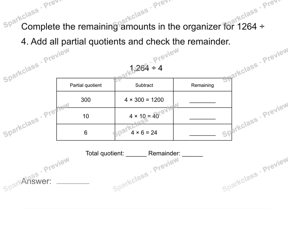 Record each partial quotient — Grade 4 problem preview