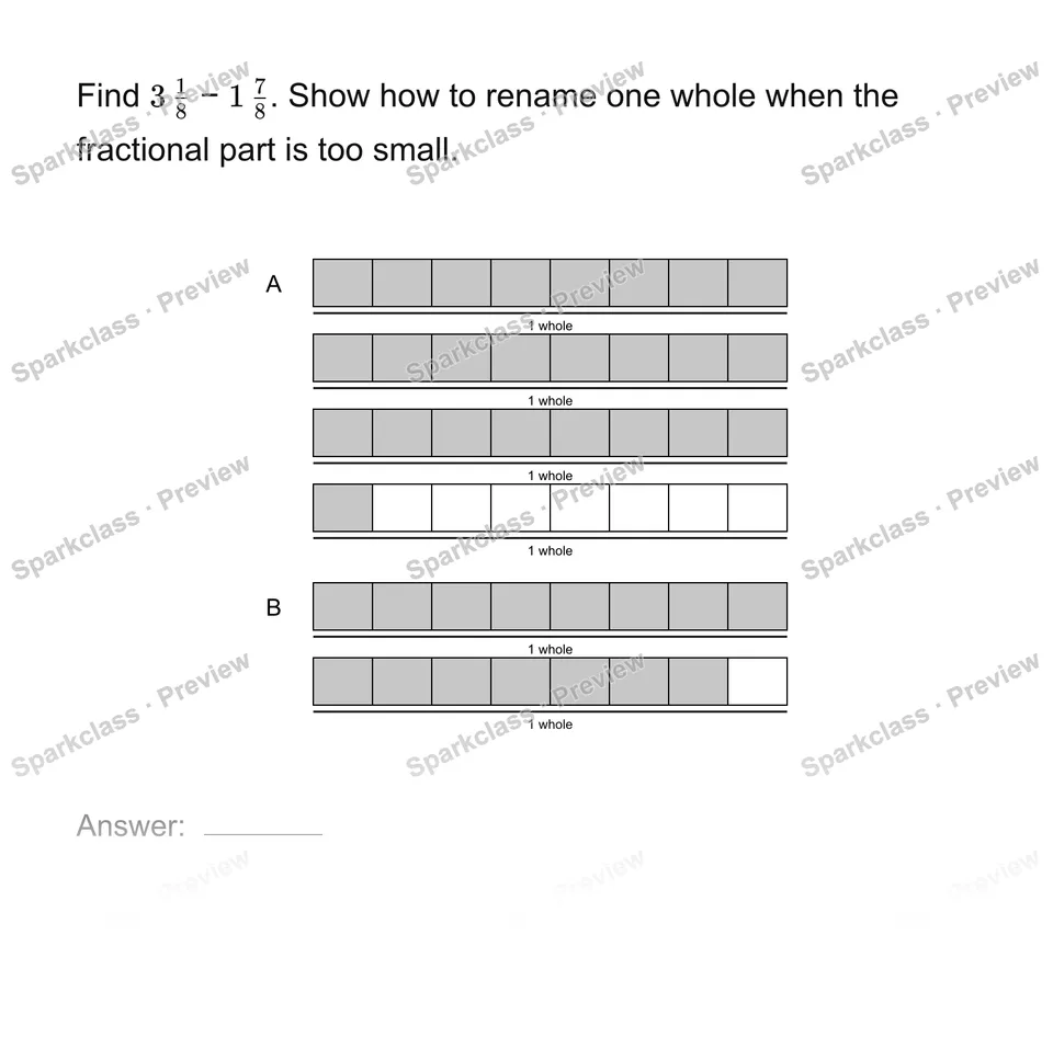Subtract mixed numbers with regrouping — Grade 4 problem preview