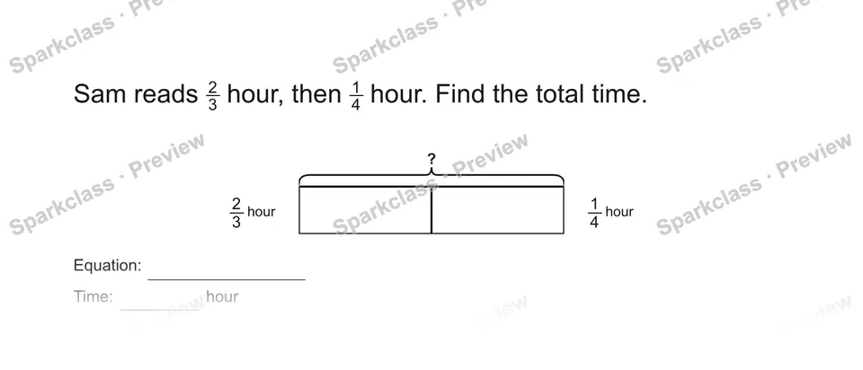 Sam reads 23 hour, then 14 hour. Find the total time. — Grade 5 problem preview