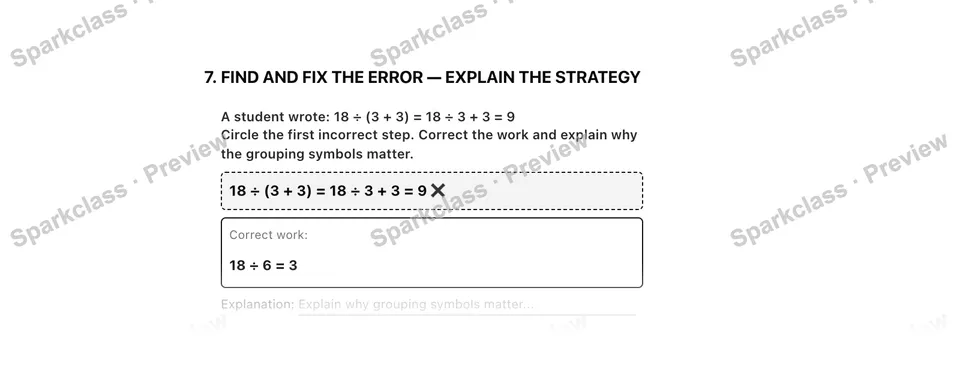 7. Find and fix the error — Explain the strategy — Grade 5 problem preview