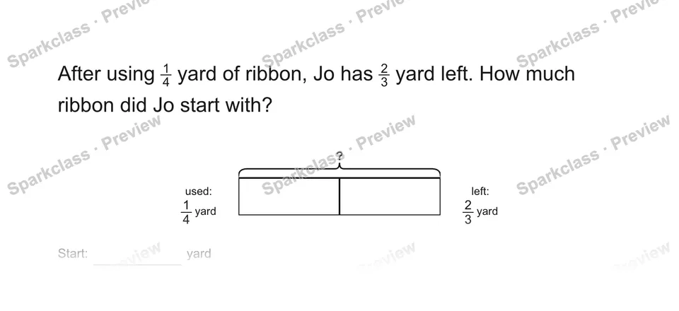 After using 14 yard of ribbon, Jo has 23 yard left. How much ribbon did Jo start with? — Grade 5 problem preview