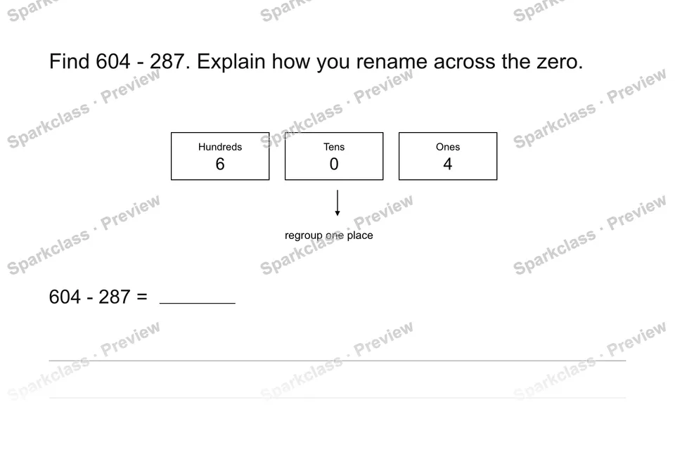 Explain a rename in subtraction — Grade 2 problem preview
