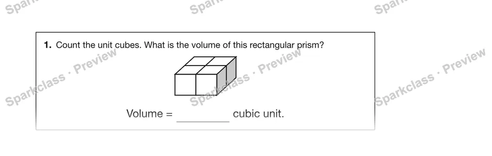 1.Count the unit cubes. What is the volume of this rectangular prism? — Grade 5 problem preview
