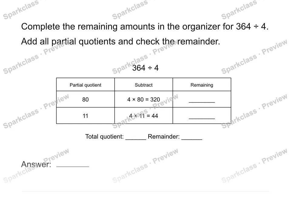Record each partial quotient — Grade 4 problem preview