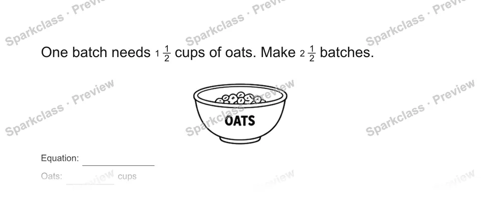 One batch needs 112 cups of oats. Make 212 batches. — Grade 5 problem preview