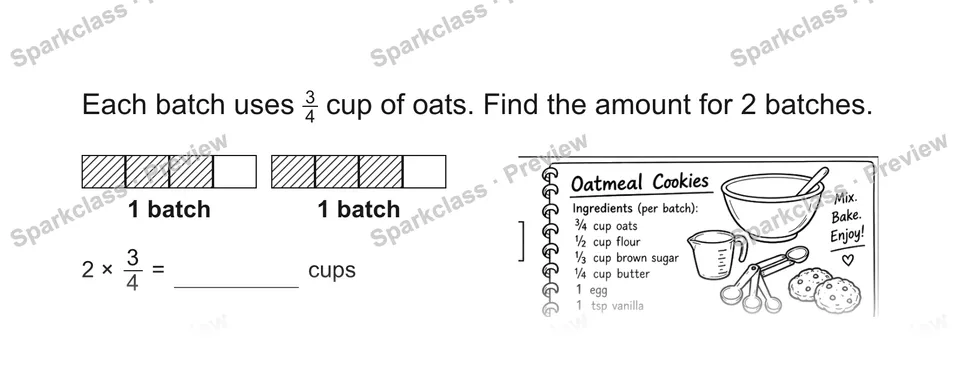 Each batch uses 34 cup of oats. Find the amount for 2 batches. — Grade 5 problem preview