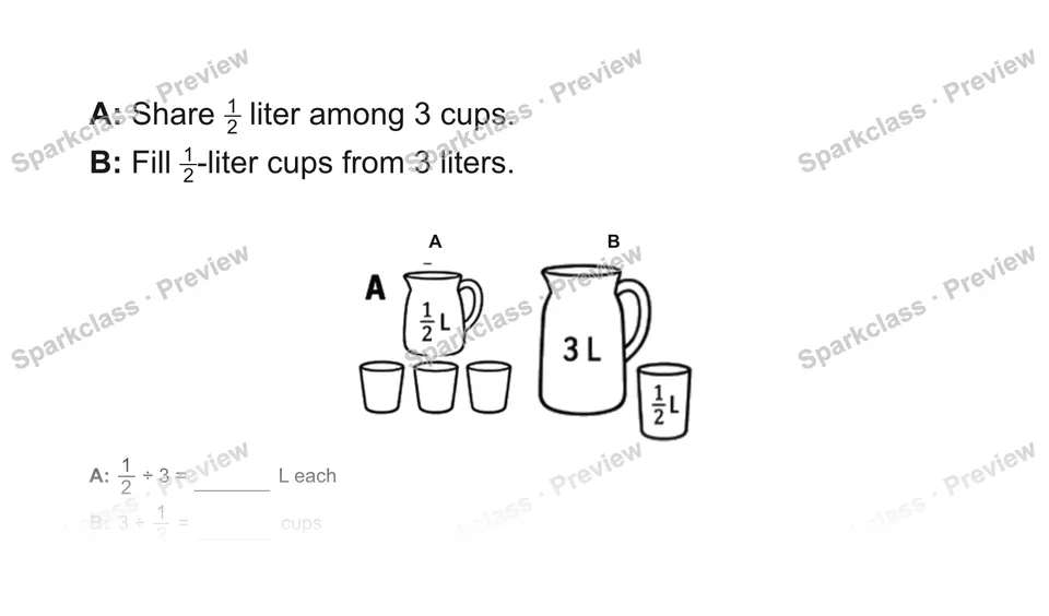 A: Share 12 liter among 3 cups. — Grade 5 problem preview