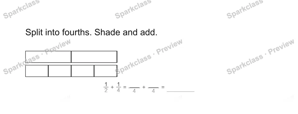 Split into fourths. Shade and add. — Grade 5 problem preview