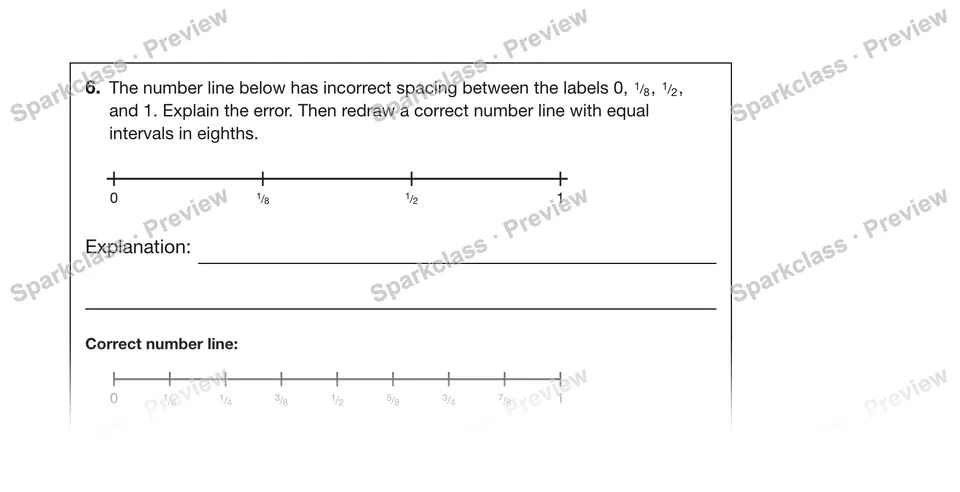 6.The number line below has incorrect spacing between the labels 0, 1/8, 1/2, and 1. Explain the error. Then redraw a correct number line with equal intervals in eighths. — Grade 5 problem preview