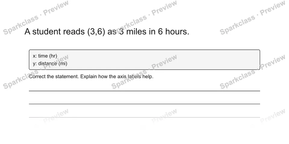 A student reads (3,6) as 3 miles in 6 hours. — Grade 5 problem preview