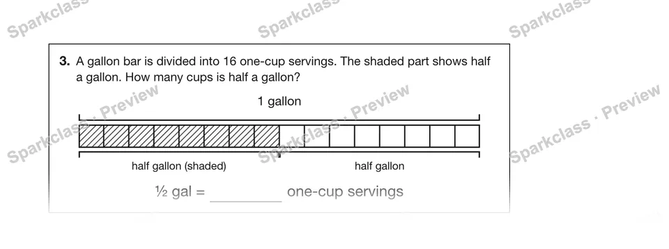 3.A gallon bar is divided into 16 one-cup servings. The shaded part shows half a gallon. How many cups is half a gallon? — Grade 5 problem preview
