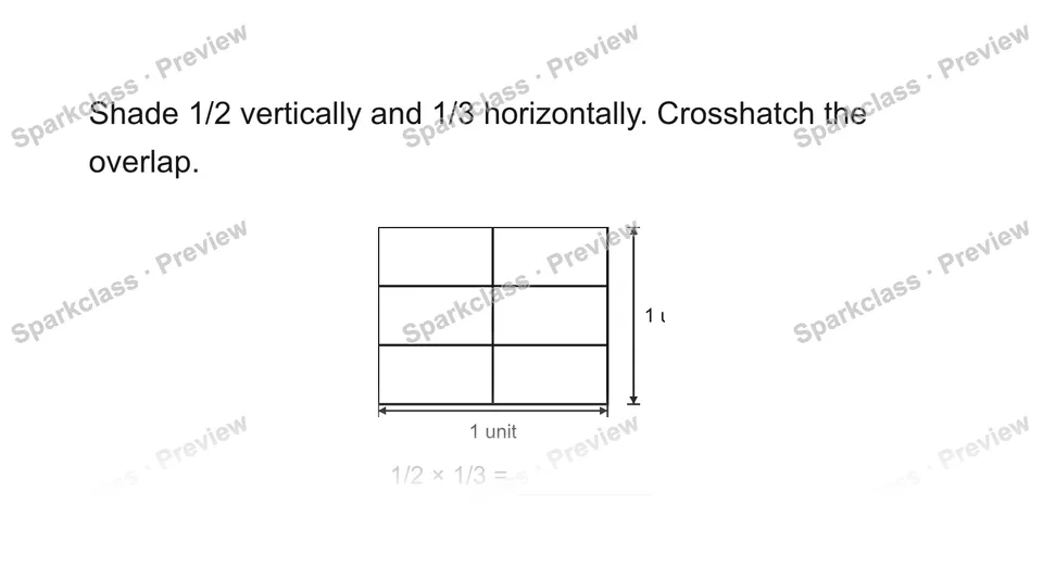 Shade 1/2 vertically and 1/3 horizontally. Crosshatch the overlap. — Grade 5 problem preview