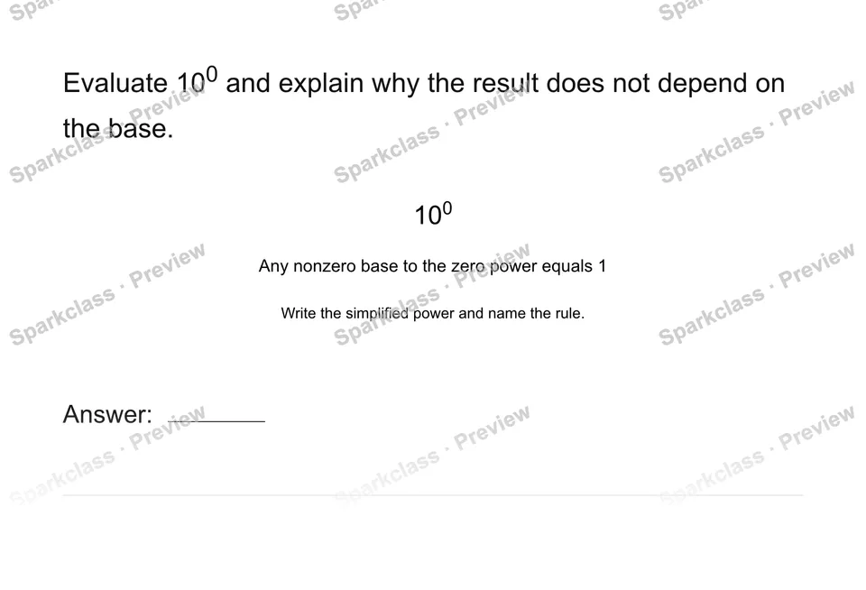 Interpret zero and negative exponents — Grade 8 problem preview