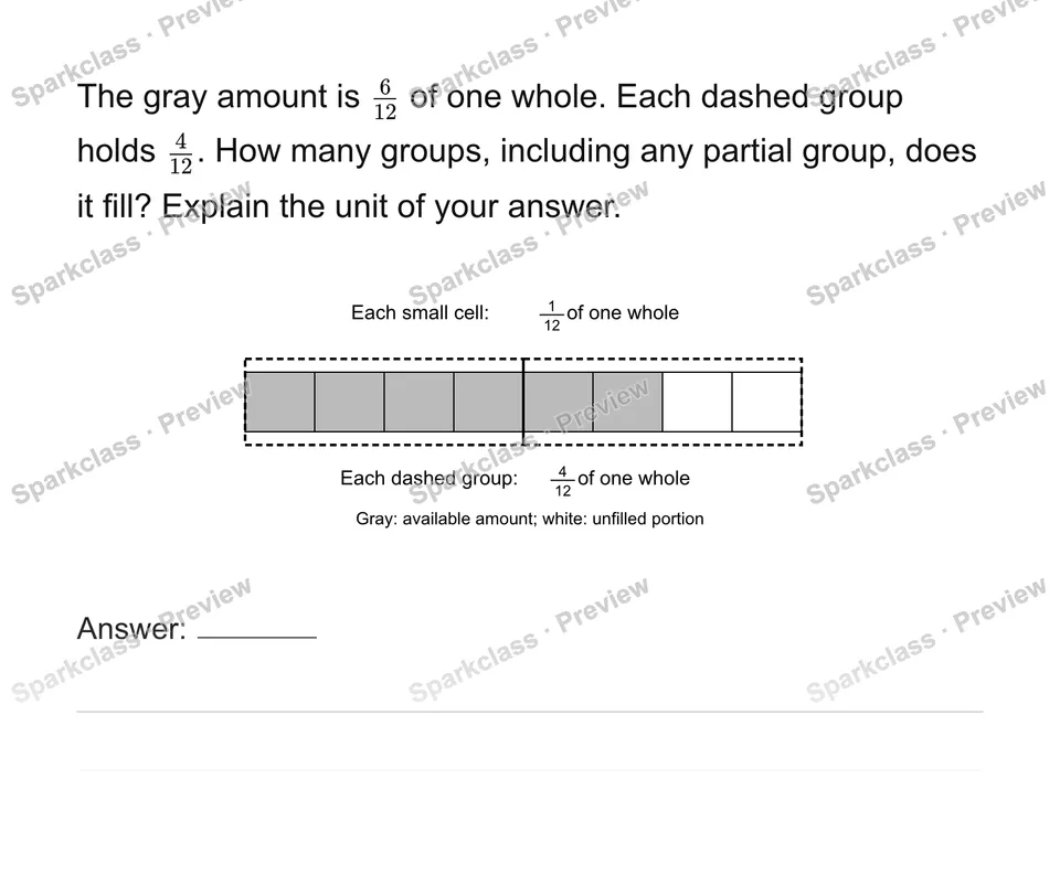 Interpret fractional groups and remainders — Grade 6 problem preview