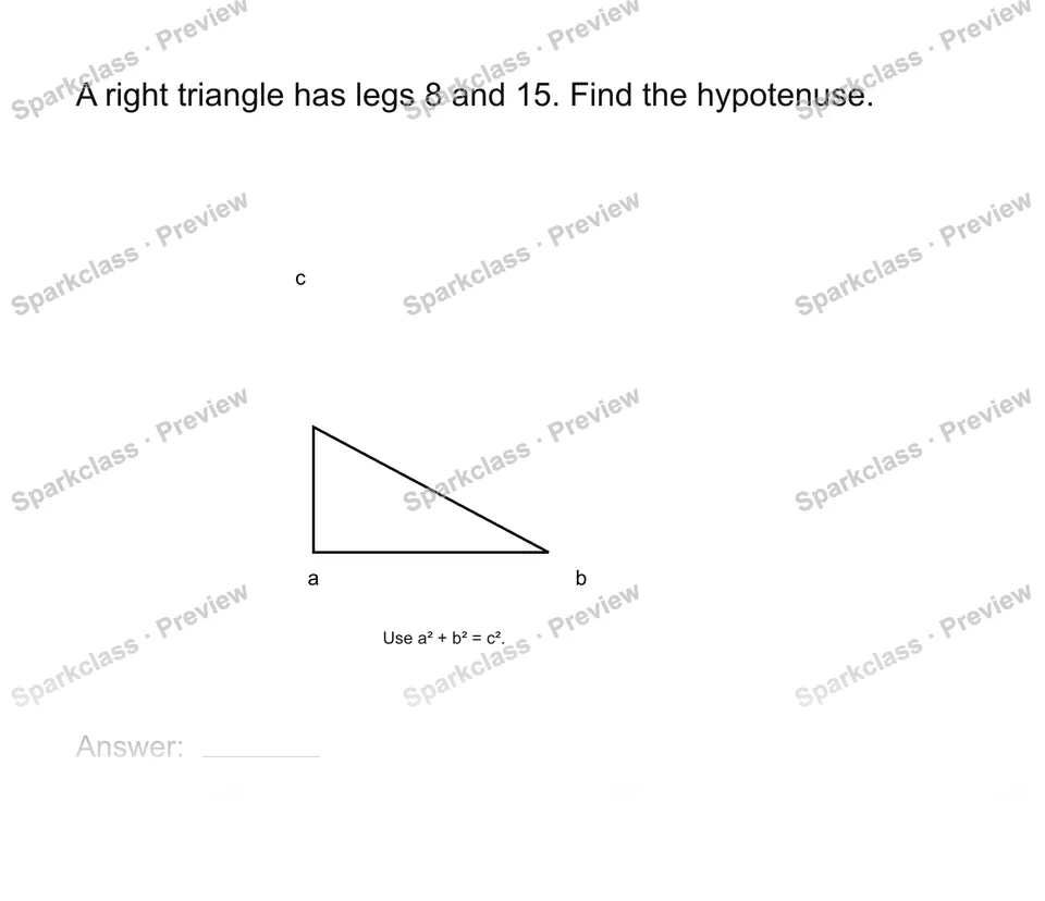 Find a hypotenuse — Grade 8 problem preview