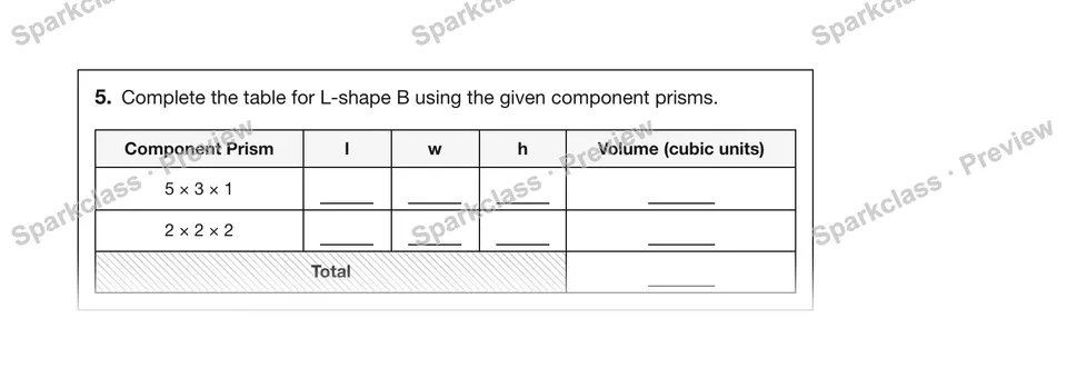 5.Complete the table for L-shape B using the given component prisms. — Grade 5 problem preview
