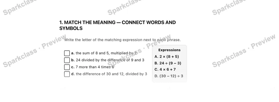 1. Match the meaning — Connect words and symbols — Grade 5 problem preview