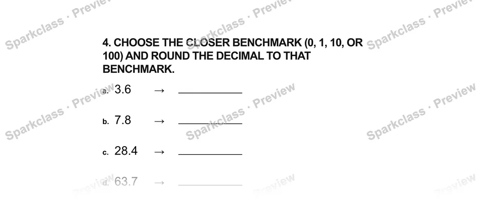 4.Choose the closer benchmark (0, 1, 10, or 100) and round the decimal to that benchmark. — Grade 5 problem preview