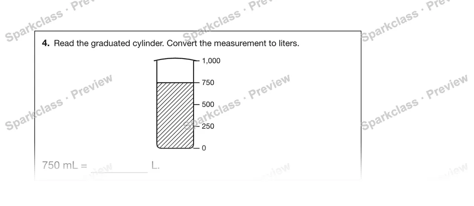 4.Read the graduated cylinder. Convert the measurement to liters. — Grade 5 problem preview