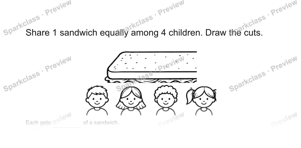 Share 1 sandwich equally among 4 children. Draw the cuts. — Grade 5 problem preview