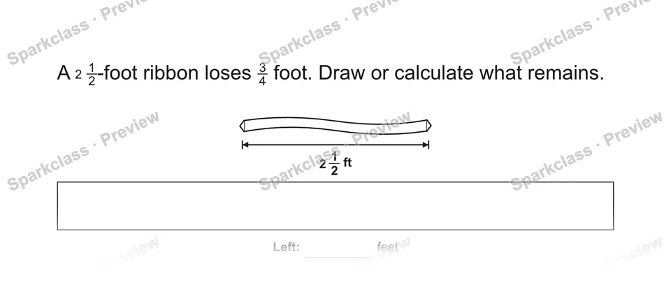 A 212-foot ribbon loses 34 foot. Draw or calculate what remains. — Grade 5 problem preview