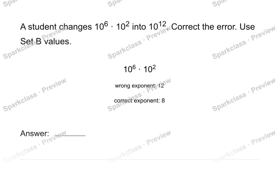 Correct an exponent rule error — Grade 8 problem preview