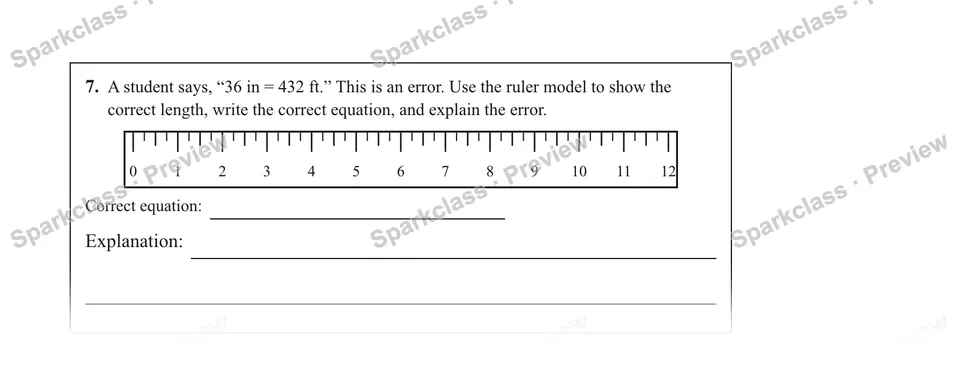 7.A student says, “36 in = 432 ft.” This is an error. Use the ruler model to show the correct length, write the correct equation, and explain the error. — Grade 5 problem preview