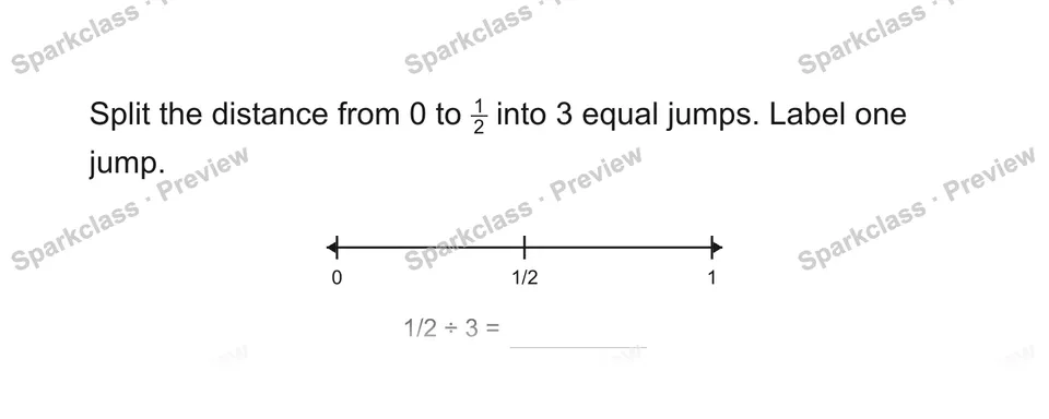 Split the distance from 0 to 12 into 3 equal jumps. Label one jump. — Grade 5 problem preview