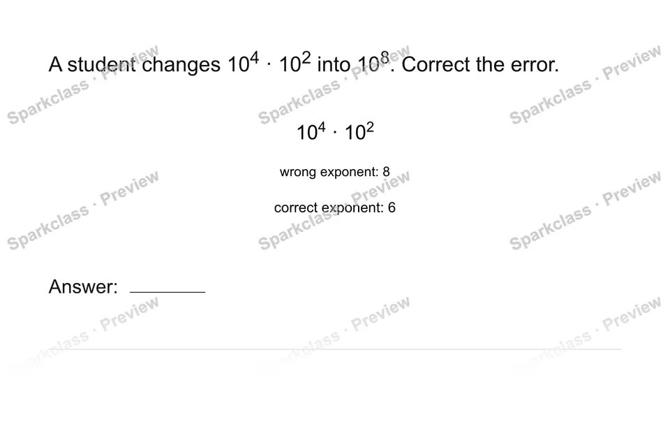 Correct an exponent rule error — Grade 8 problem preview