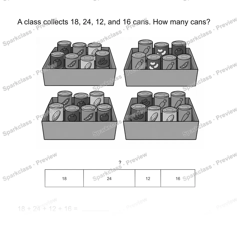 Add four amounts — Grade 2 problem preview