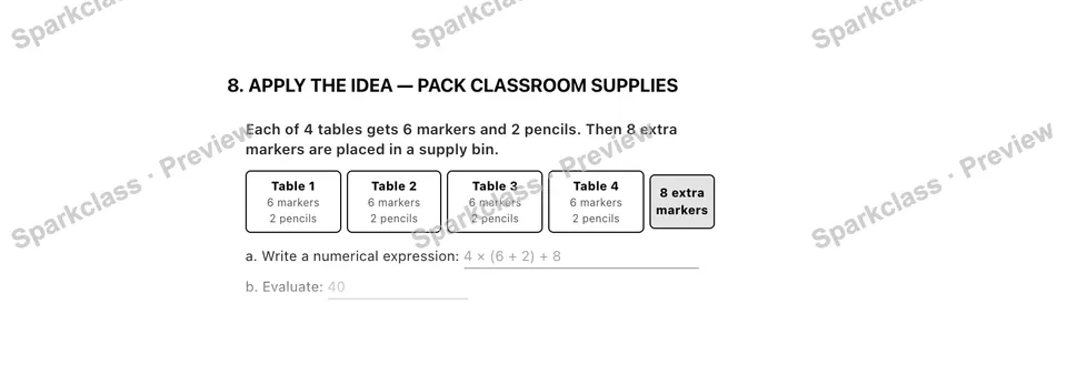 8. Apply the idea — Pack classroom supplies — Grade 5 problem preview