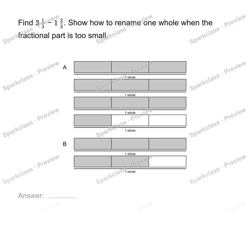 Subtract mixed numbers with regrouping — Grade 4 problem preview