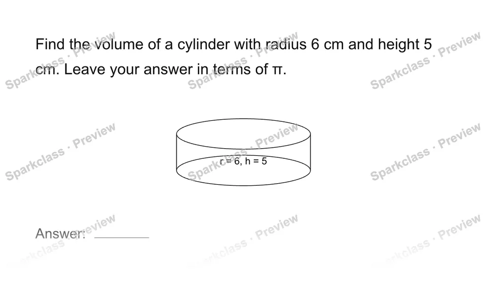 Find a cylinder volume — Grade 8 problem preview