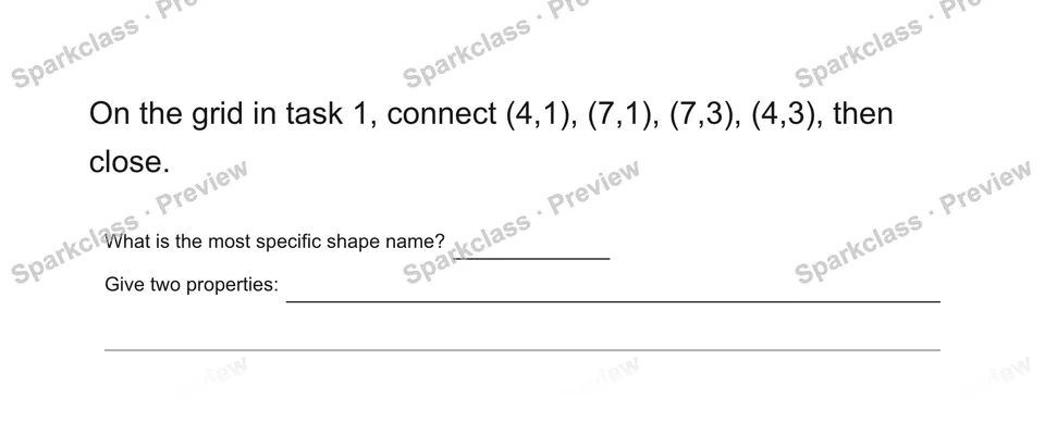 On the grid in task 1, connect (4,1), (7,1), (7,3), (4,3), then close. — Grade 5 problem preview