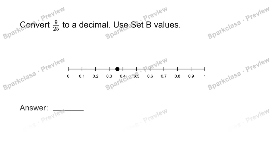 Convert fractions to decimals — Grade 8 problem preview