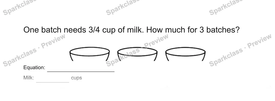 One batch needs 3/4 cup of milk. How much for 3 batches? — Grade 5 problem preview