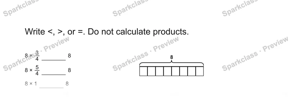 Write <, >, or =. Do not calculate products. — Grade 5 problem preview