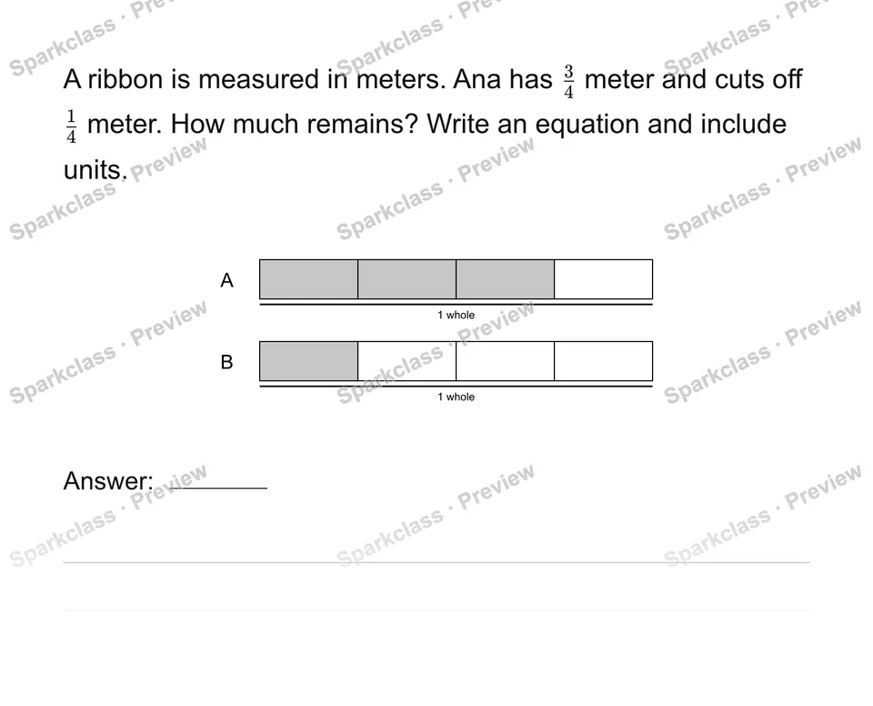 Solve fraction addition and subtraction stories — Grade 4 problem preview