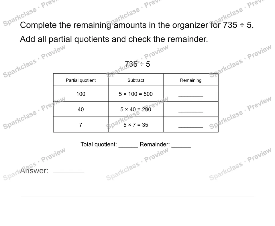 Record each partial quotient — Grade 4 problem preview