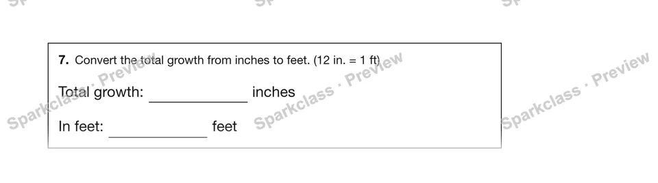 7.Convert the total growth from inches to feet. (12 in. = 1 ft) — Grade 5 problem preview