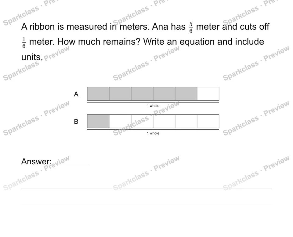 Solve fraction addition and subtraction stories — Grade 4 problem preview