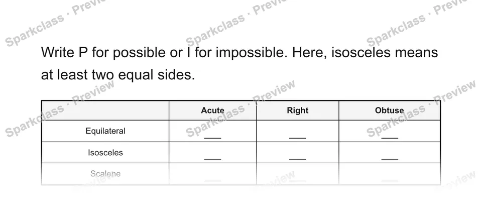Write P for possible or I for impossible. Here, isosceles means at least two equal sides. — Grade 5 problem preview