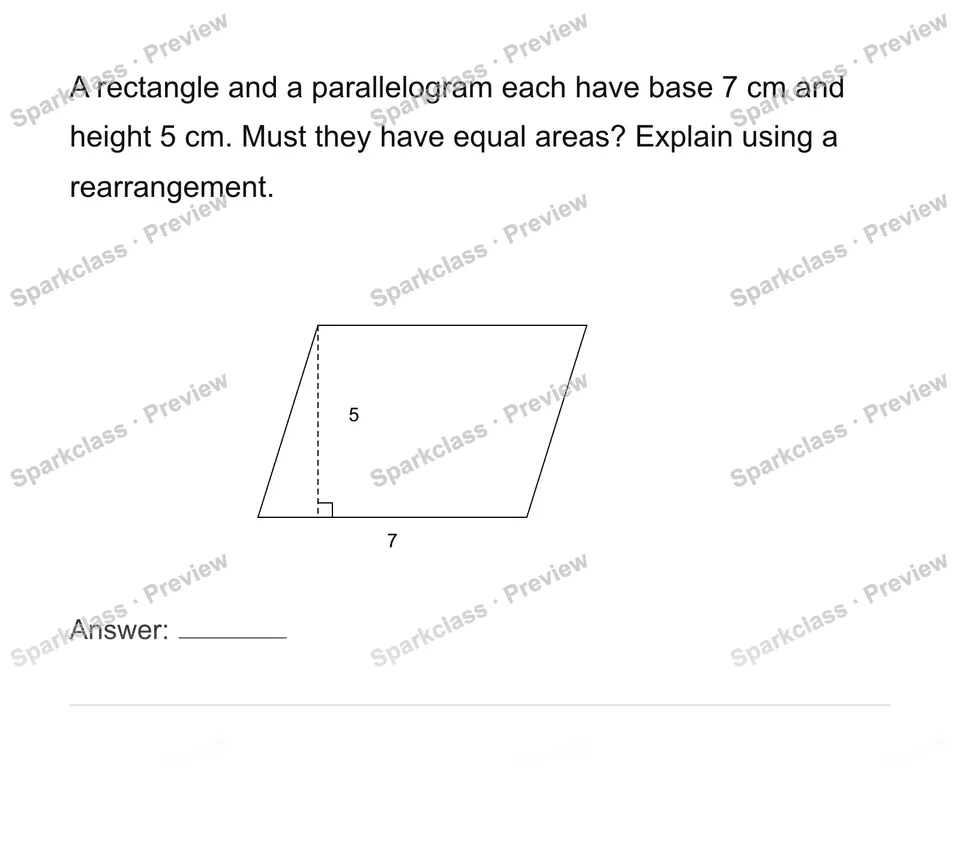 Find parallelogram area by rearranging — Grade 6 problem preview