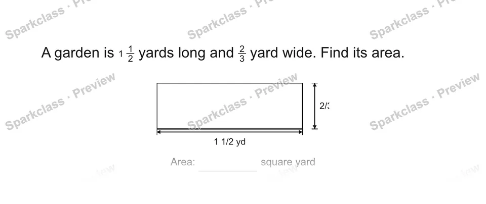 A garden is 112 yards long and 23 yard wide. Find its area. — Grade 5 problem preview