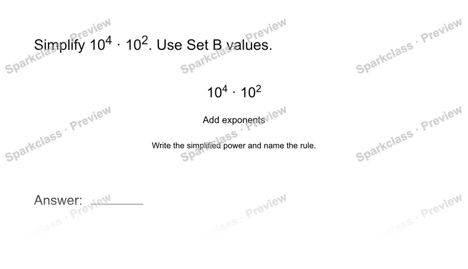 Multiply powers with the same base — Grade 8 problem preview
